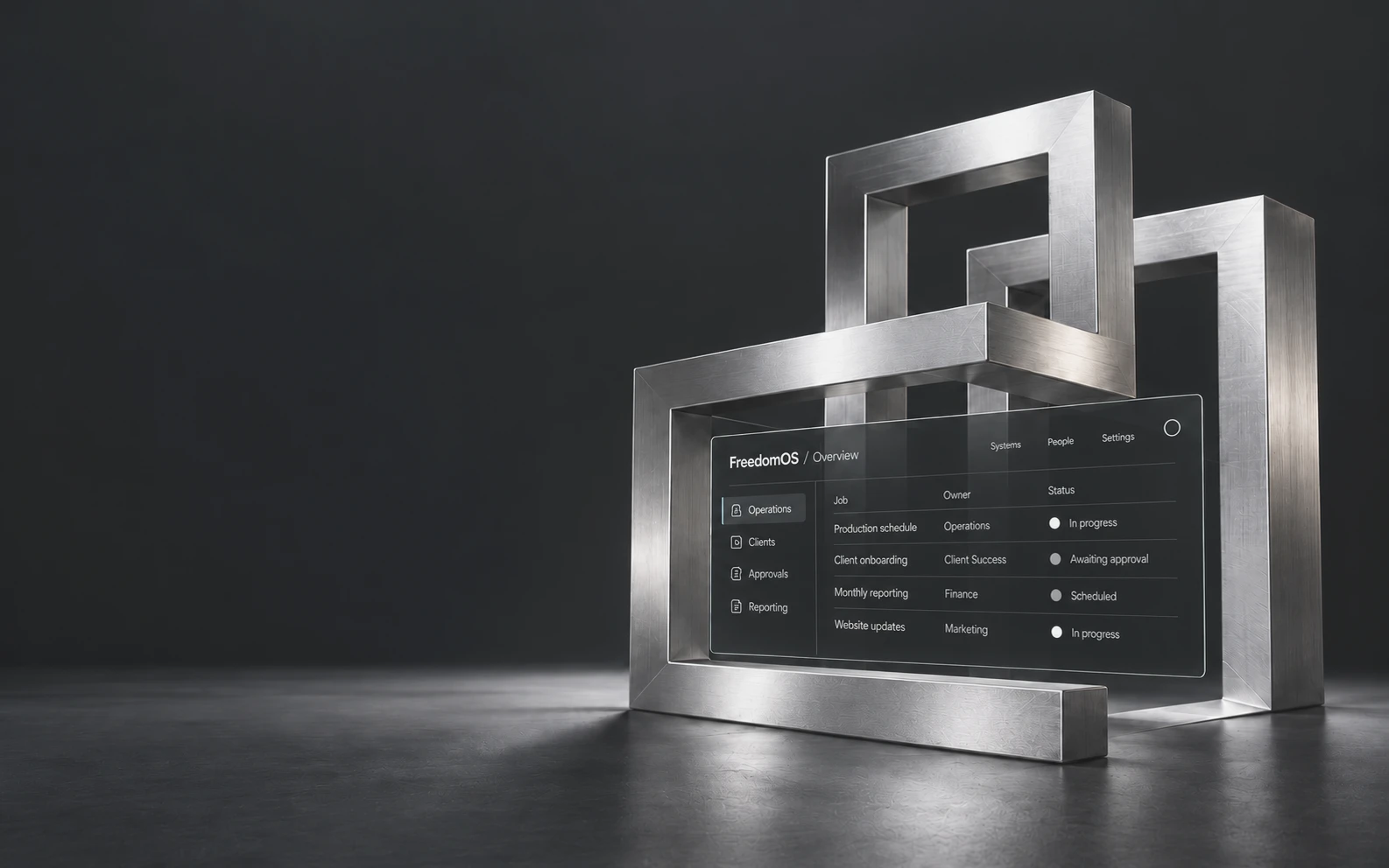 Brushed-steel frames, the FreedomOS overview on the glass